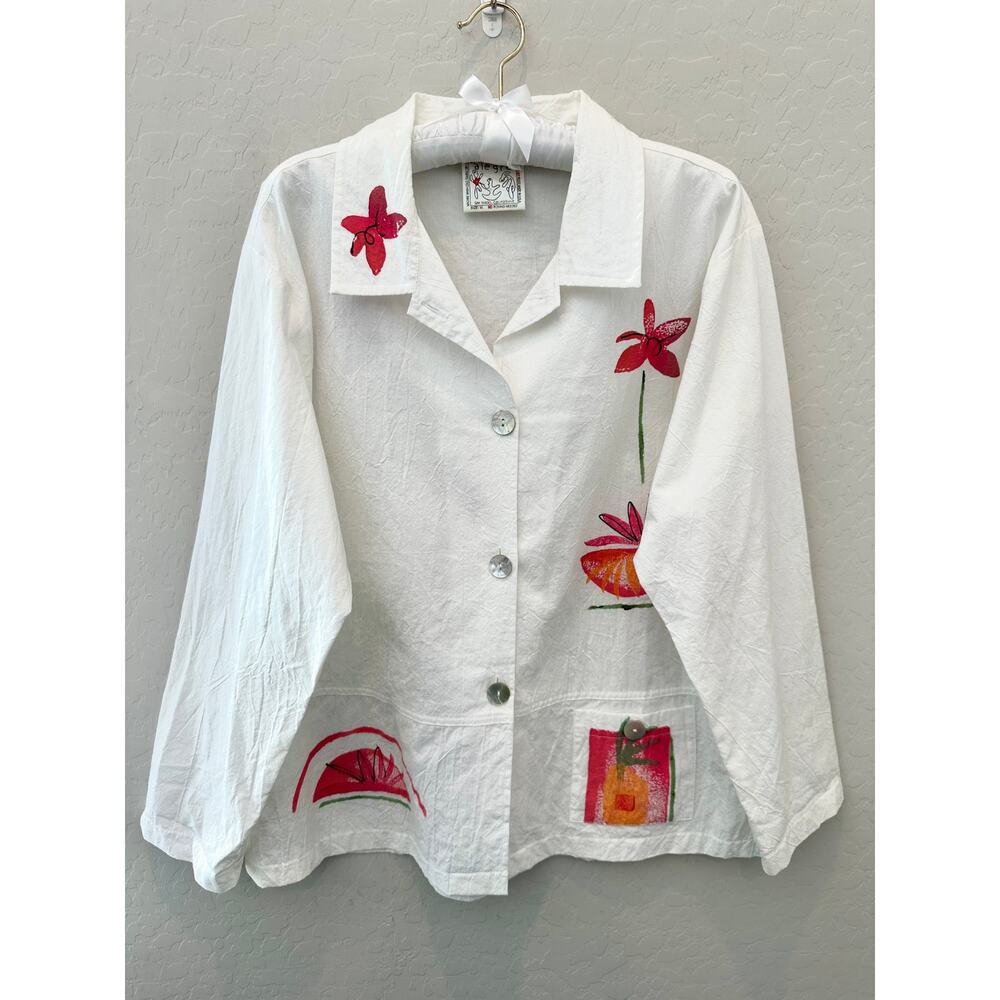 VINTAGE Play Alegre Hand Painted Art To Wear Cotton Button Front Shirt Medium